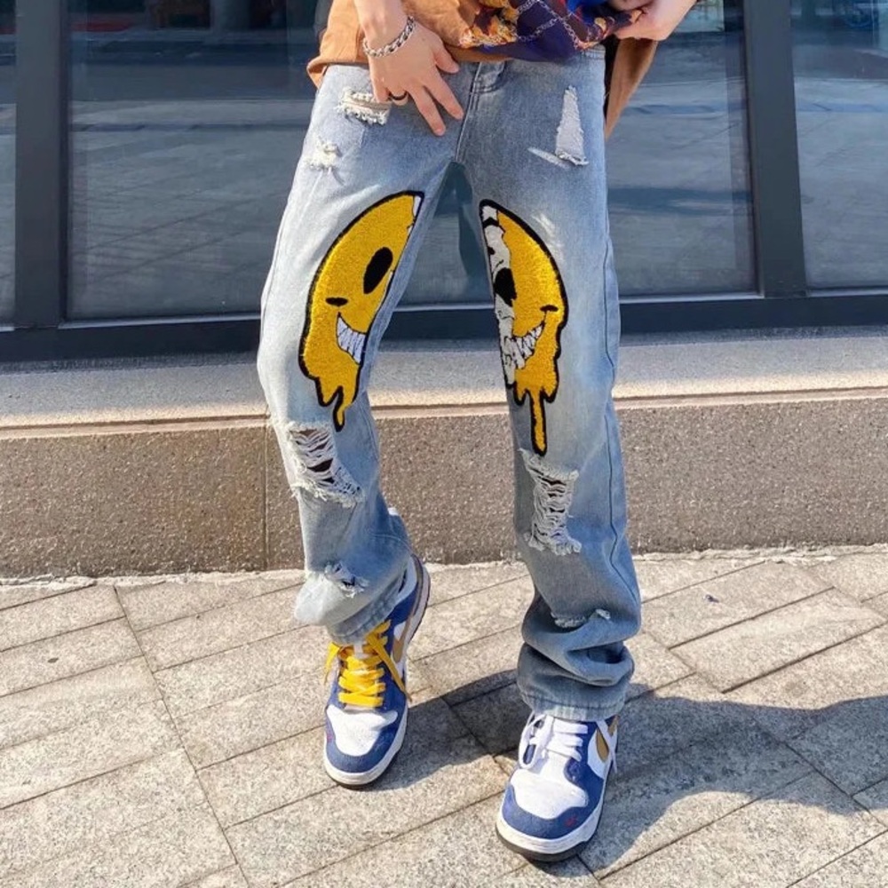 Retro Dripping Smiley‎ Distressed Jeans